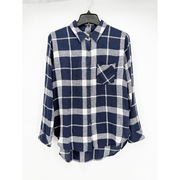 Rails x Free People Charli Linen Blend Plaid Shirt Navy Blue Size S - Picture 3 of 11